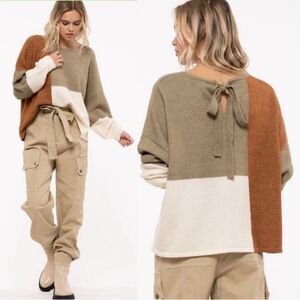 Trendy M-L Green Brown Ivory Color Block Knit Back Tie Sweater